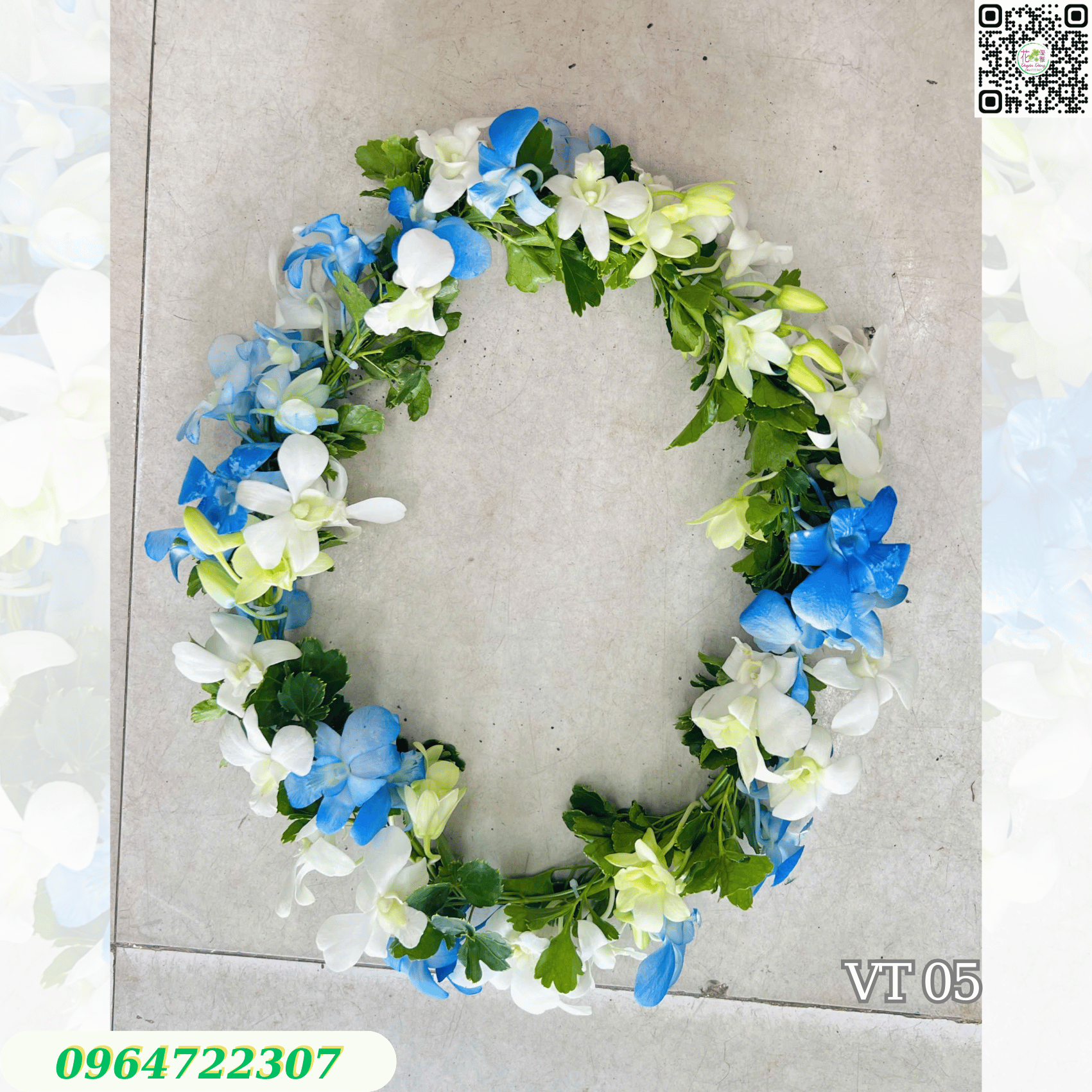 Vòng Hoa Đeo Cổ Chúc Mừng Tone Trắng Xanh Dương